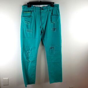Men's LRG Bright Blue Denim Distressed Deer Skater Ribbed Jeans Size 32